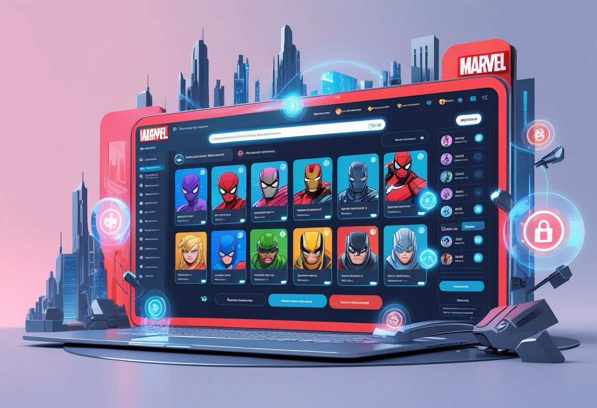 A futuristic digital marketplace interface showcasing Marvel character skins, power-up bundles, and account profiles with holographic security icons and a modern cityscape background.