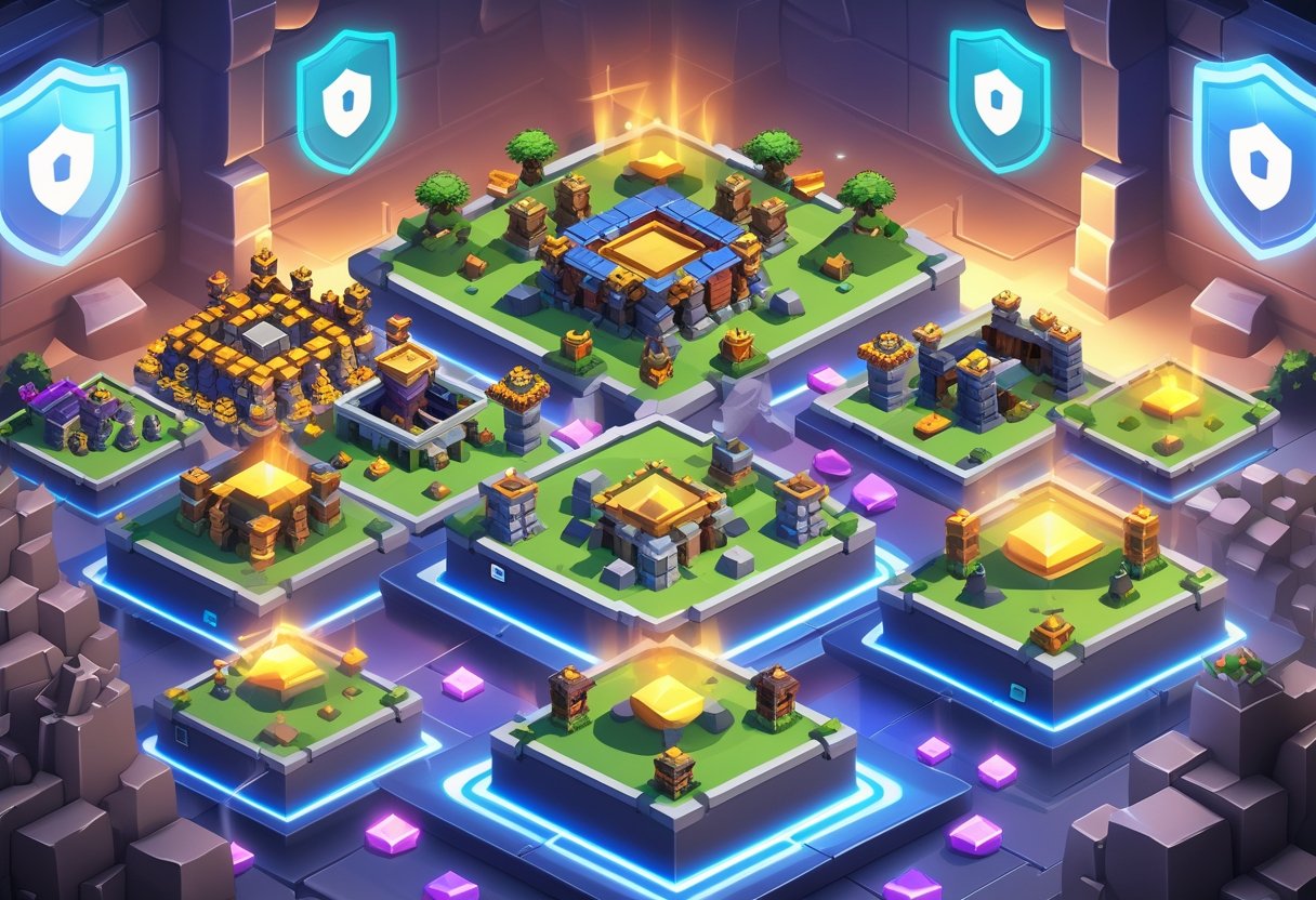 A digital marketplace showing fully upgraded Clash of Clans village bases on platforms surrounded by glowing colorful gems, with holographic security symbols in the background.