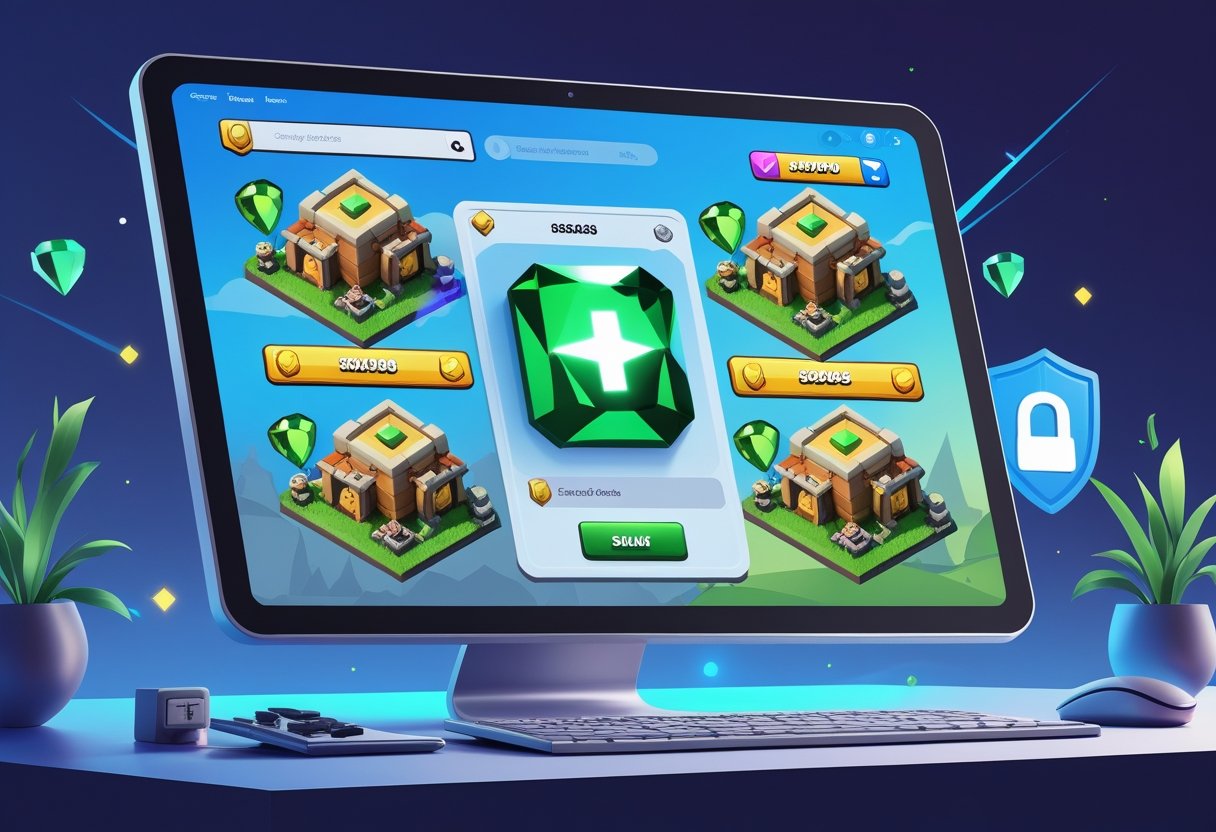 A digital illustration showing a computer screen with a marketplace featuring fully upgraded Clash of Clans bases and sparkling green gems, with icons representing security and trust.