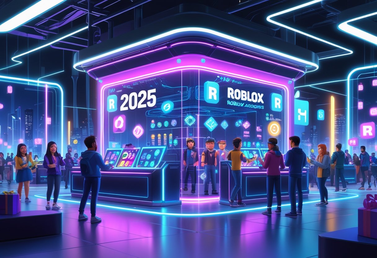 A futuristic digital marketplace with people browsing virtual items, digital currency, and avatars in a vibrant online shopping environment.