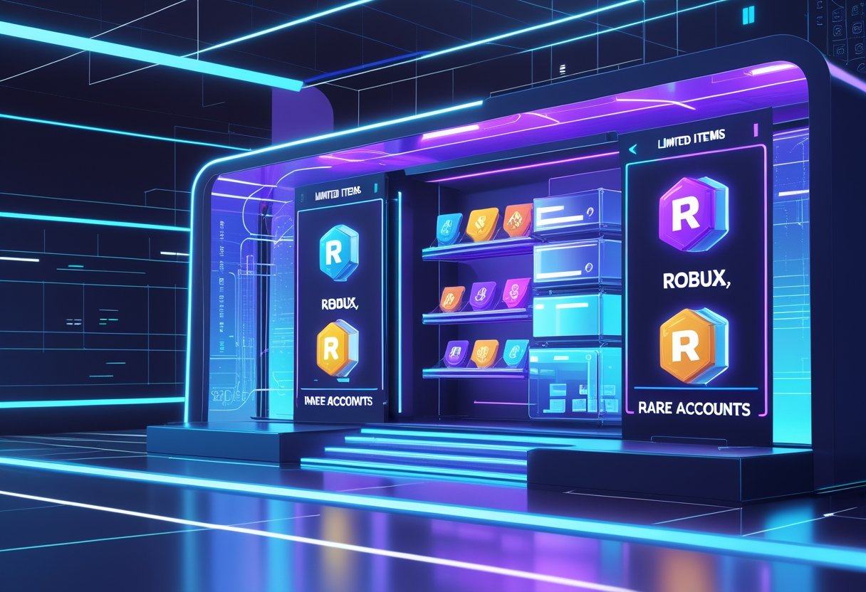 A futuristic digital marketplace interface showing virtual items, currency icons, and rare accounts displayed on floating panels in a vibrant, high-tech environment.