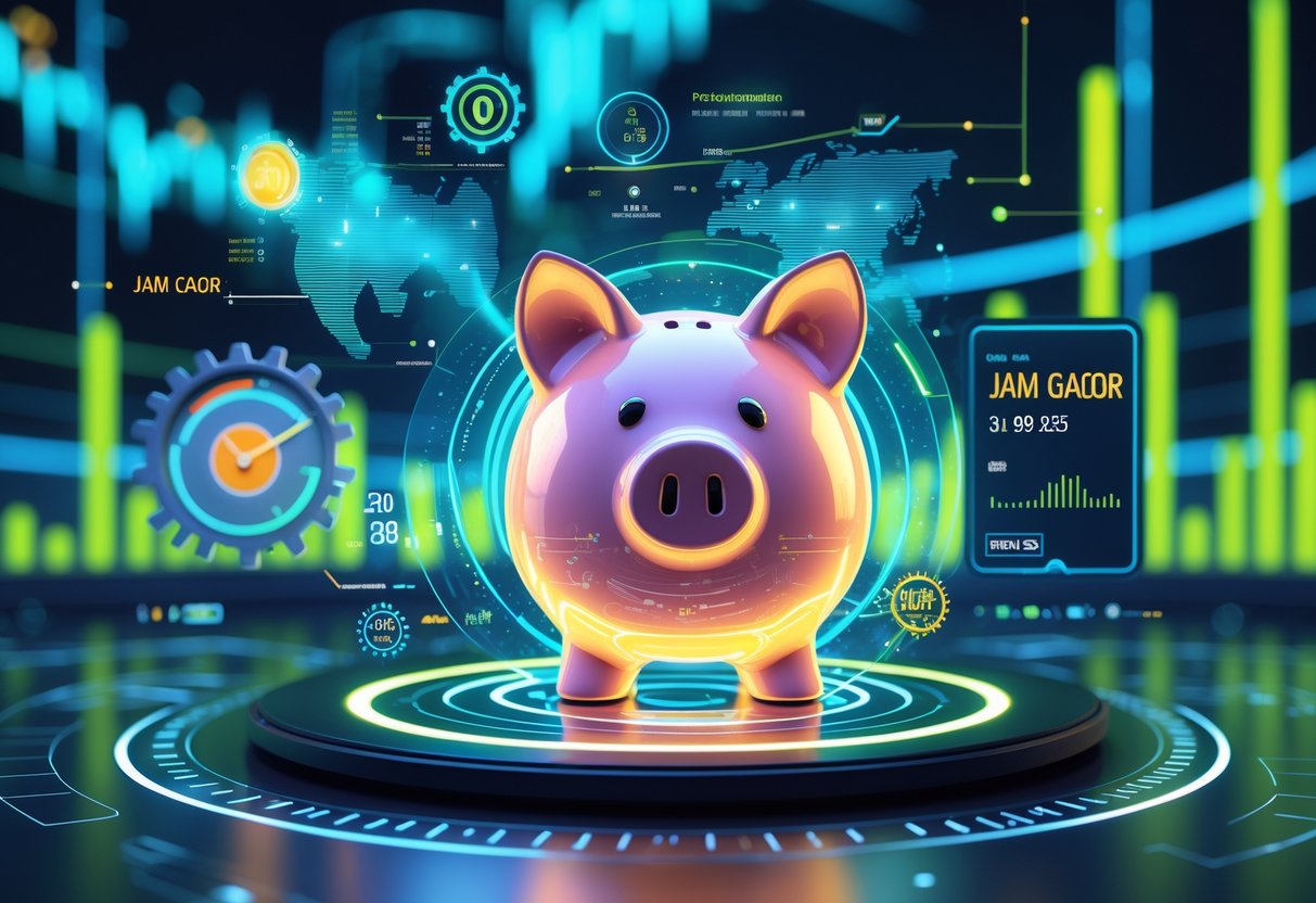 Ilustrasi sebuah celengan digital futuristik yang dikelilingi oleh grafik data dan statistik pemain di latar belakang modern dengan warna biru dan hijau.