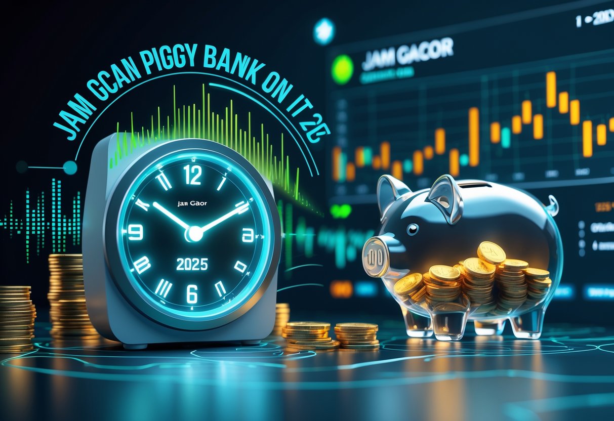 Ilustrasi jam digital dengan gelombang suara dan celengan transparan berisi koin, dikelilingi grafik data dan avatar pemain.