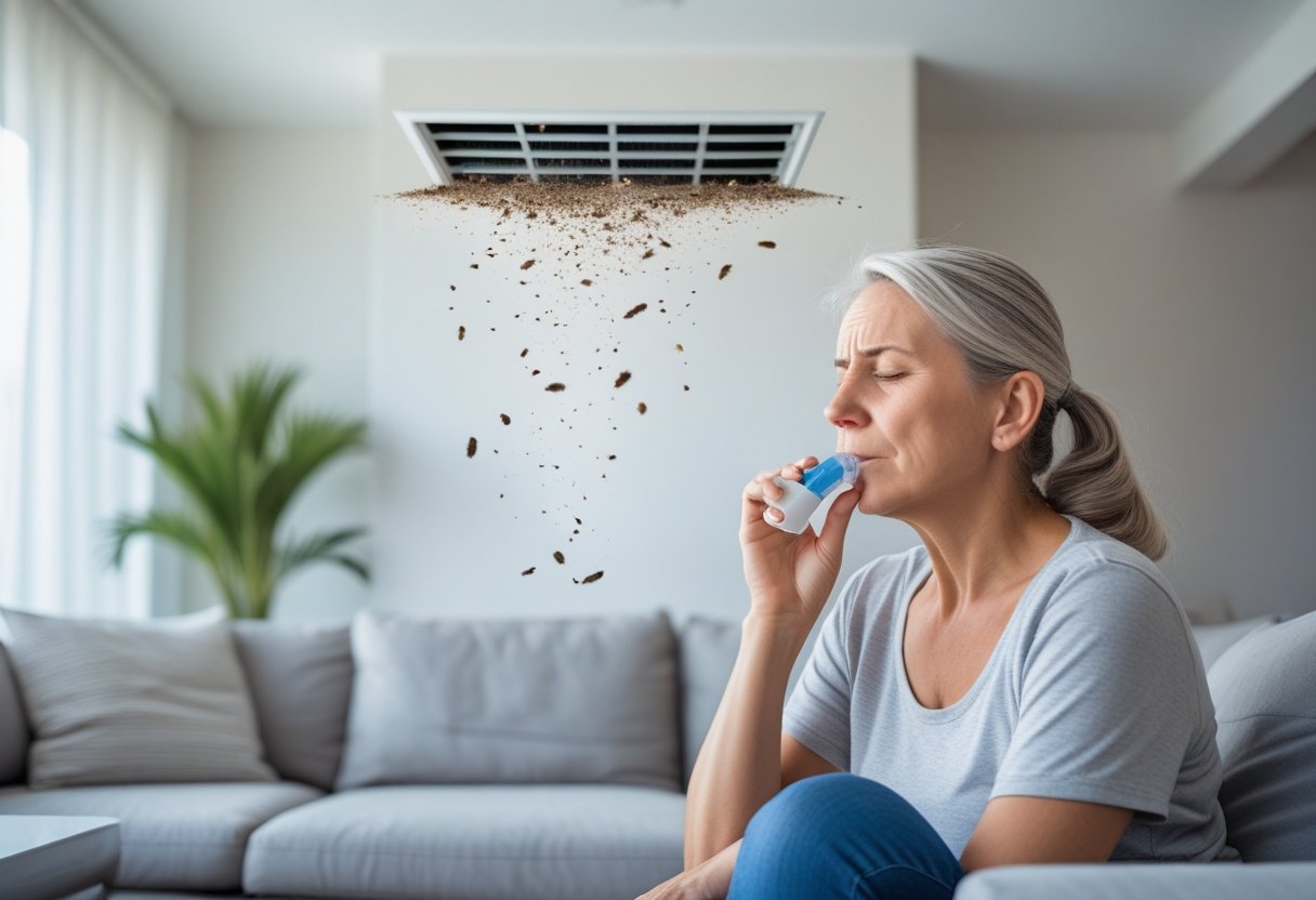 A woman using an inhaler in a living room with a dusty air vent visible on the wall.