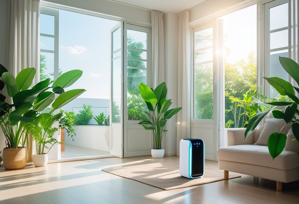 A bright living room with open windows, green plants, and an air purifier showing fresh air circulation indoors.