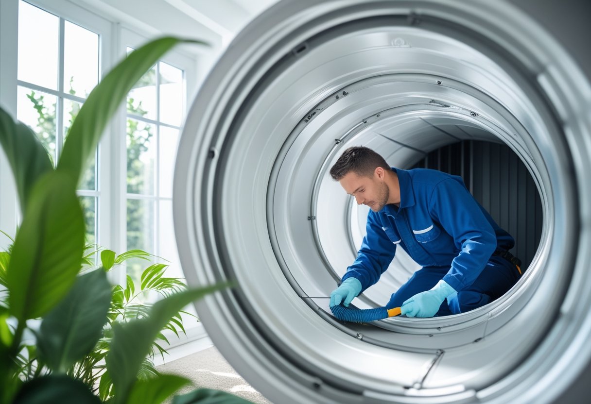 Technician inspecting and cleaning clean air ducts inside a bright building to improve air quality.