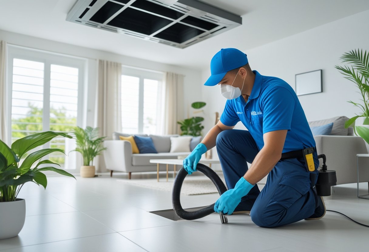 A technician cleaning an air duct vent in a bright, clean living room with plants and natural light.