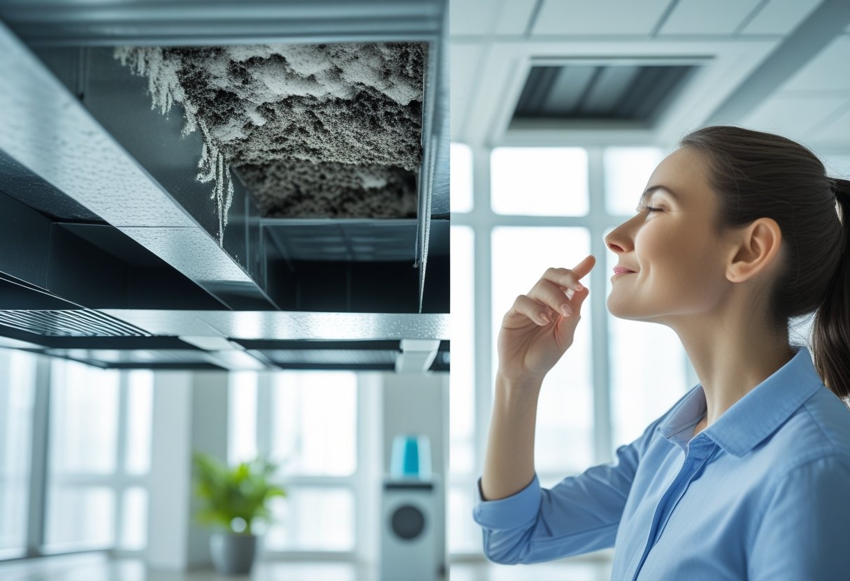 Indoor scene showing a person smelling the air near visible air ducts with a cutaway revealing dust and pollutants inside the ducts.