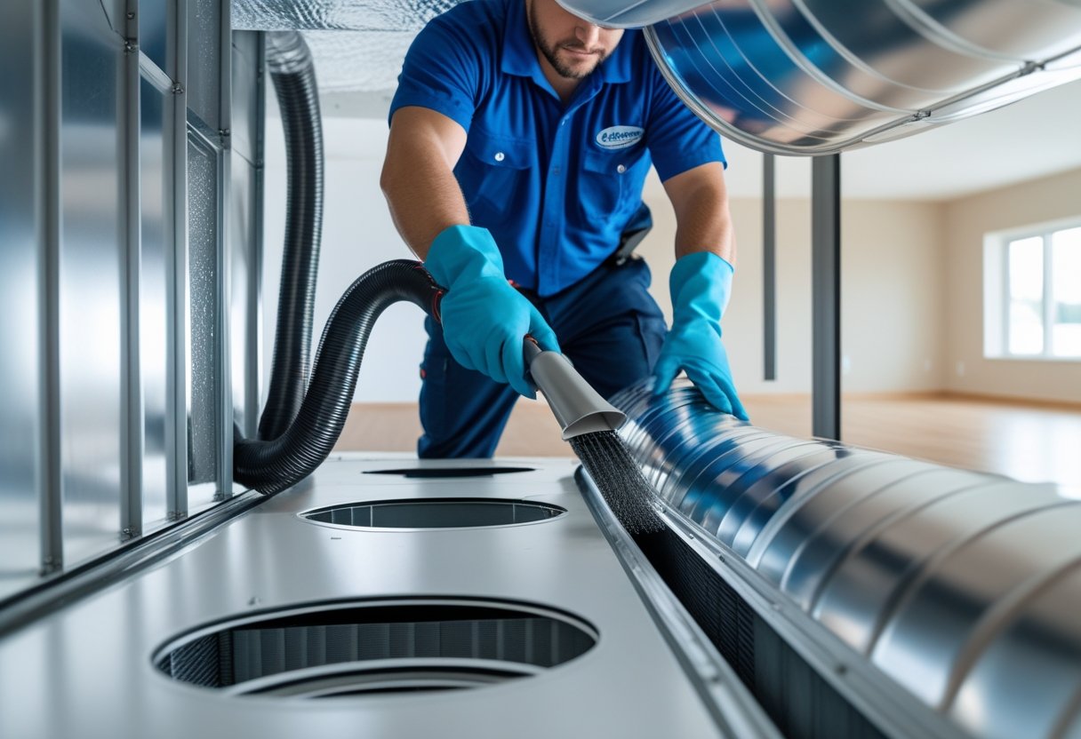 Technician cleaning an air duct inside a building using specialized equipment to remove dust and improve air quality.