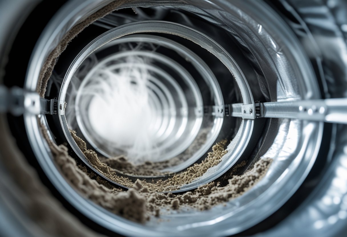 Close-up view inside an air duct showing dust and dirt buildup with faint mist representing odors spreading.