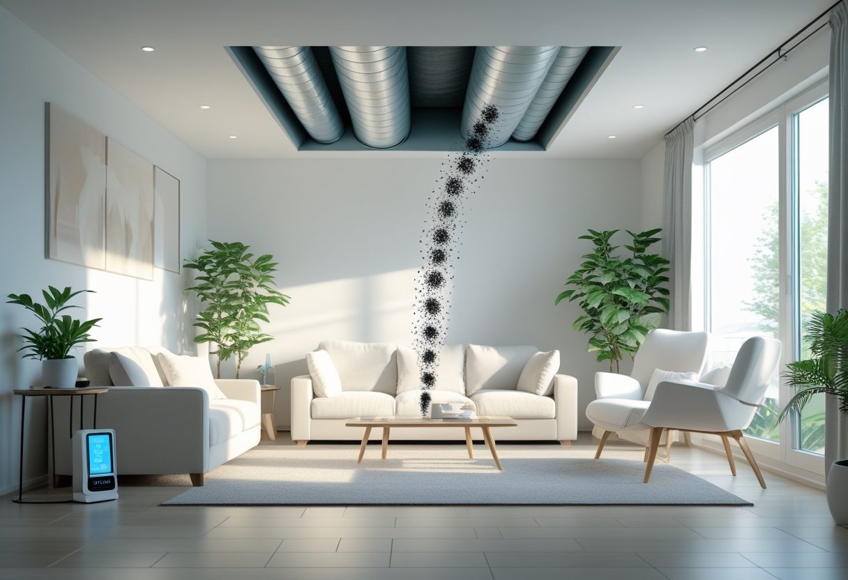 A modern living room with visible air ducts showing pollution particles inside, and a person relaxing indoors with fresh air flowing.
