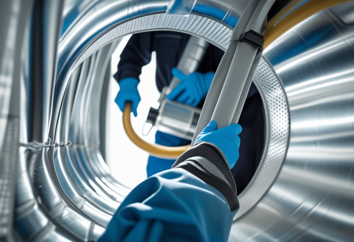 Technician cleaning inside metal air ducts using specialized equipment in a building.