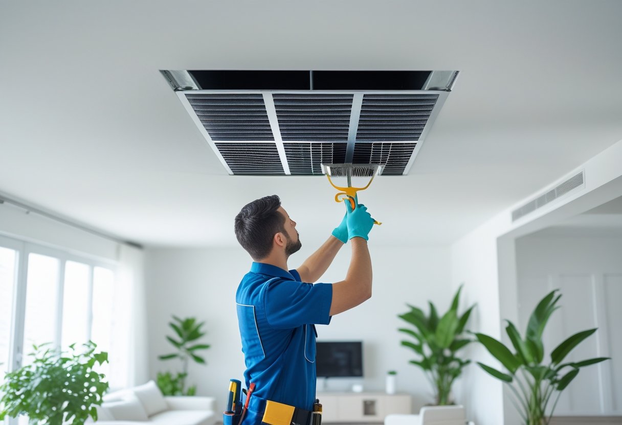 A technician inspecting and cleaning an air duct vent in a modern living room.