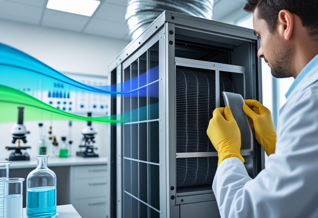 A technician inspects an HVAC unit with visible air ducts and filters, with visual representations of airflow and scientific equipment in the background.