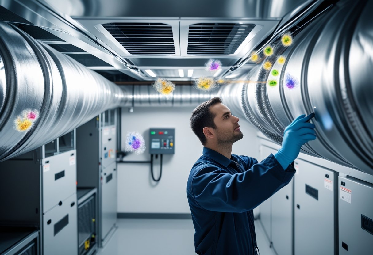 Technician inspecting clean HVAC ductwork with visible air vents and faint vapor representing odors inside a mechanical room.