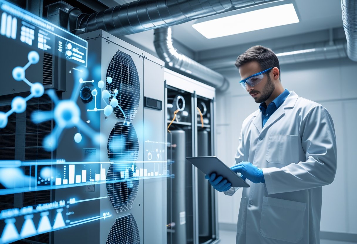 Technician examining an HVAC system in a mechanical room with scientific diagrams of odor molecules and filtration processes in the background.