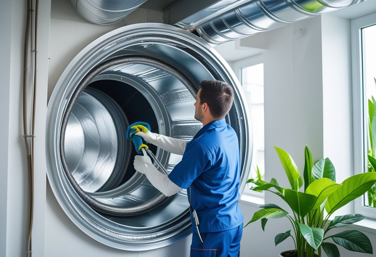 A technician cleaning an air duct inside a bright room with green plants nearby, showing a clean ventilation system.