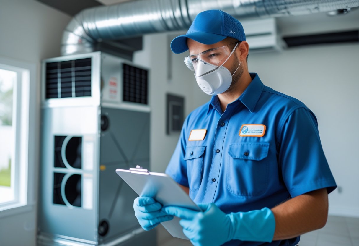 A technician in safety gear inspecting air ducts inside a building with HVAC equipment visible.