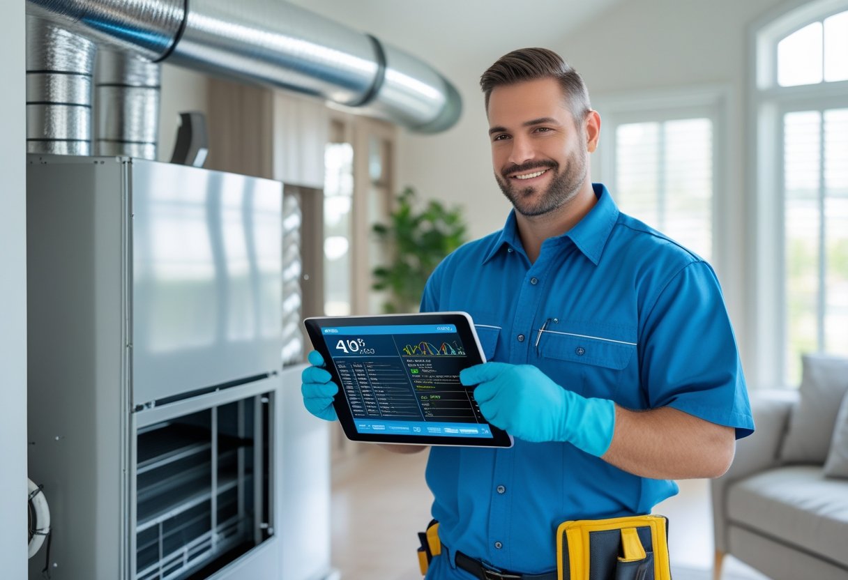 A technician inspecting air ducts inside a clean residential home while holding a digital tablet.