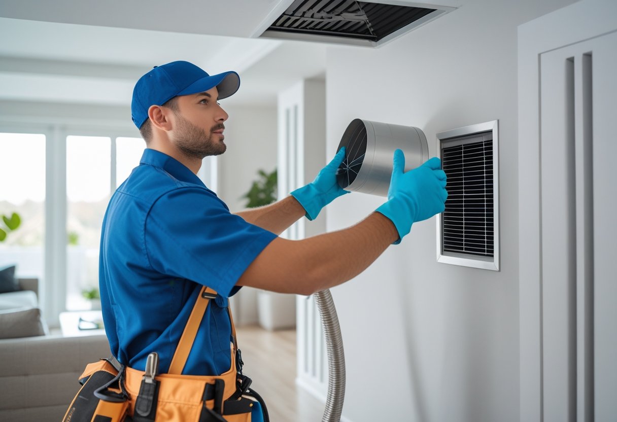 A technician in uniform inspecting an air duct inside a clean, modern room with visible ventilation systems.