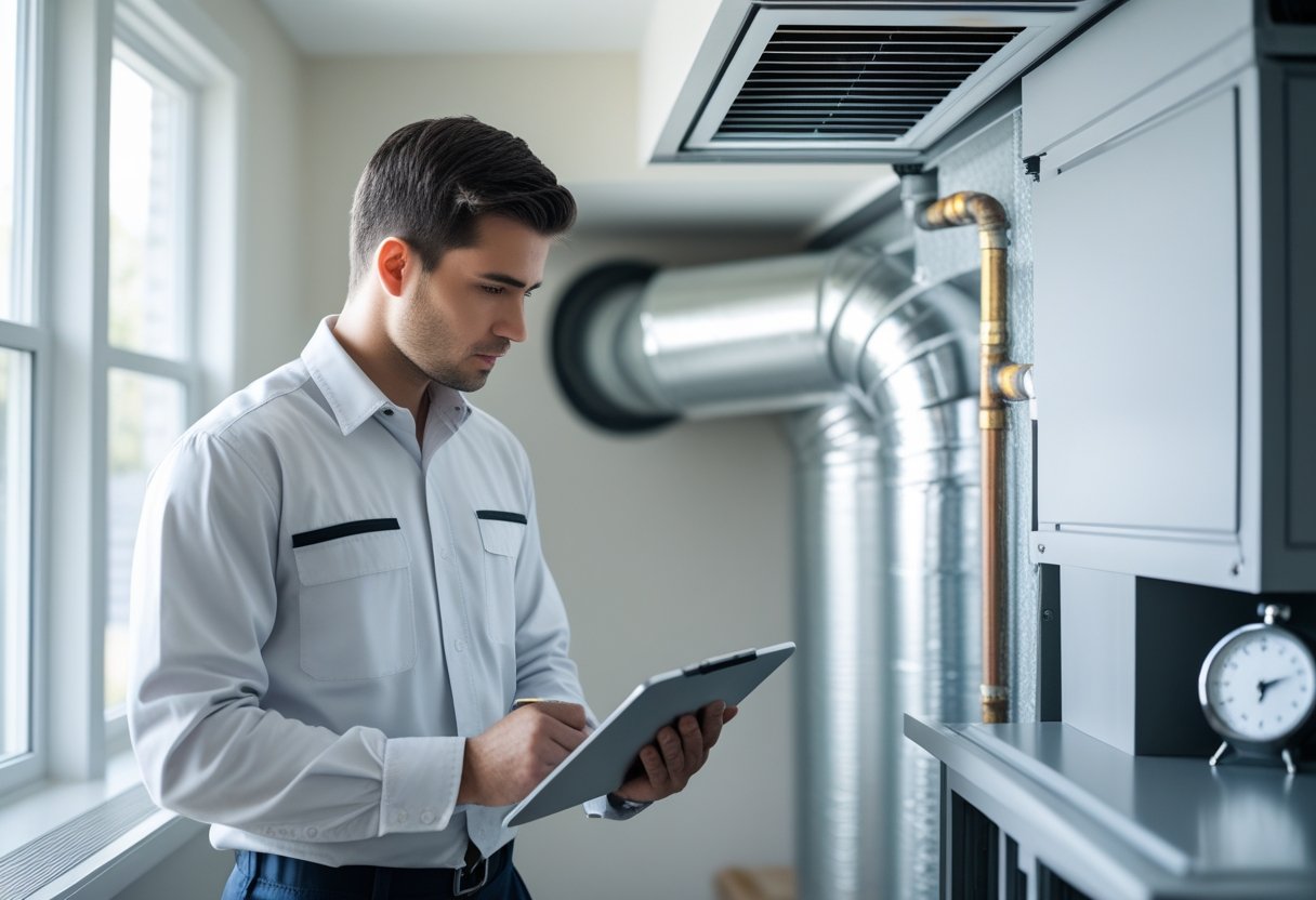 Technician inspecting air ducts indoors with a clipboard and a timer nearby.