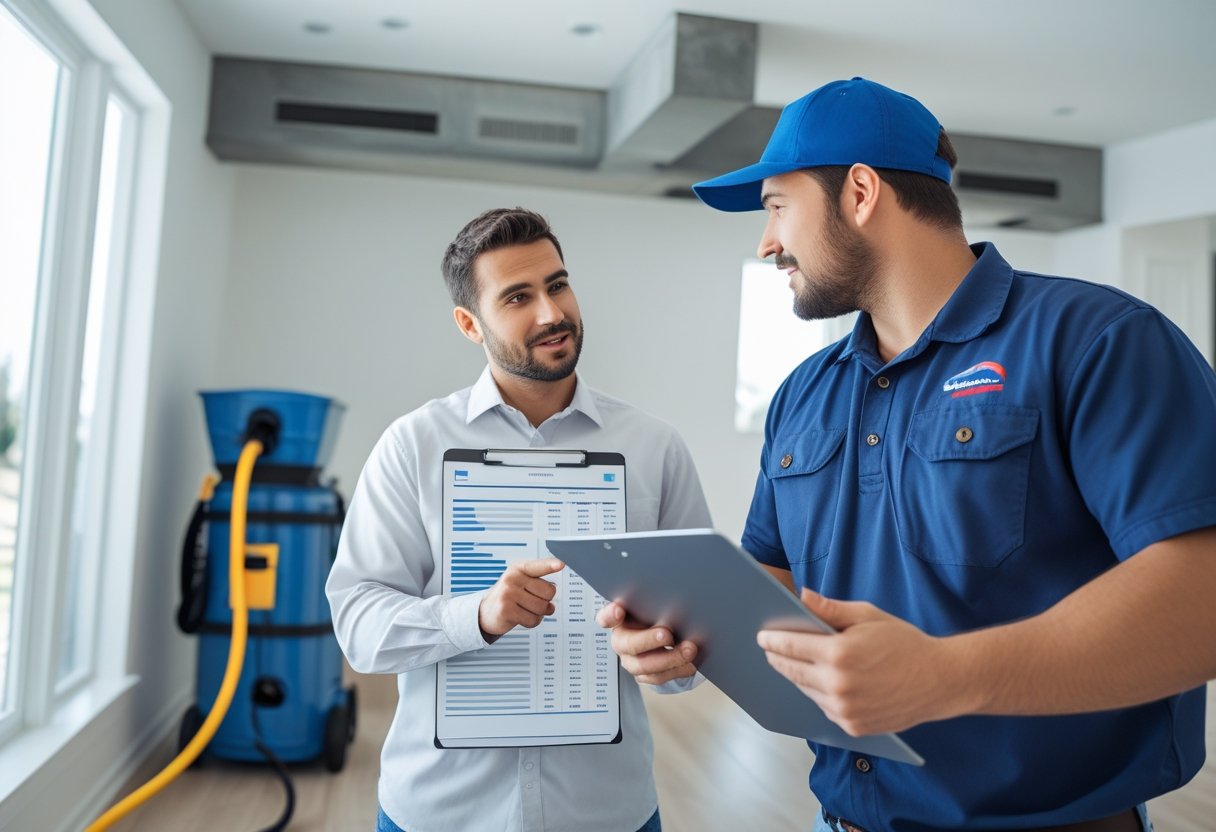 A technician explains air duct cleaning costs to a homeowner in a modern living room with visible air ducts and cleaning equipment.