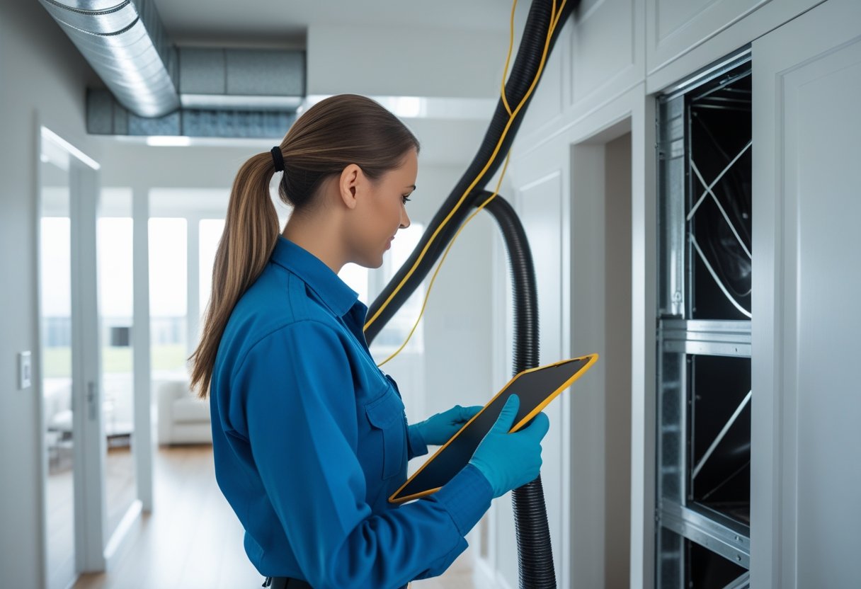 A technician inspects air ducts inside a modern home using specialized cleaning equipment.