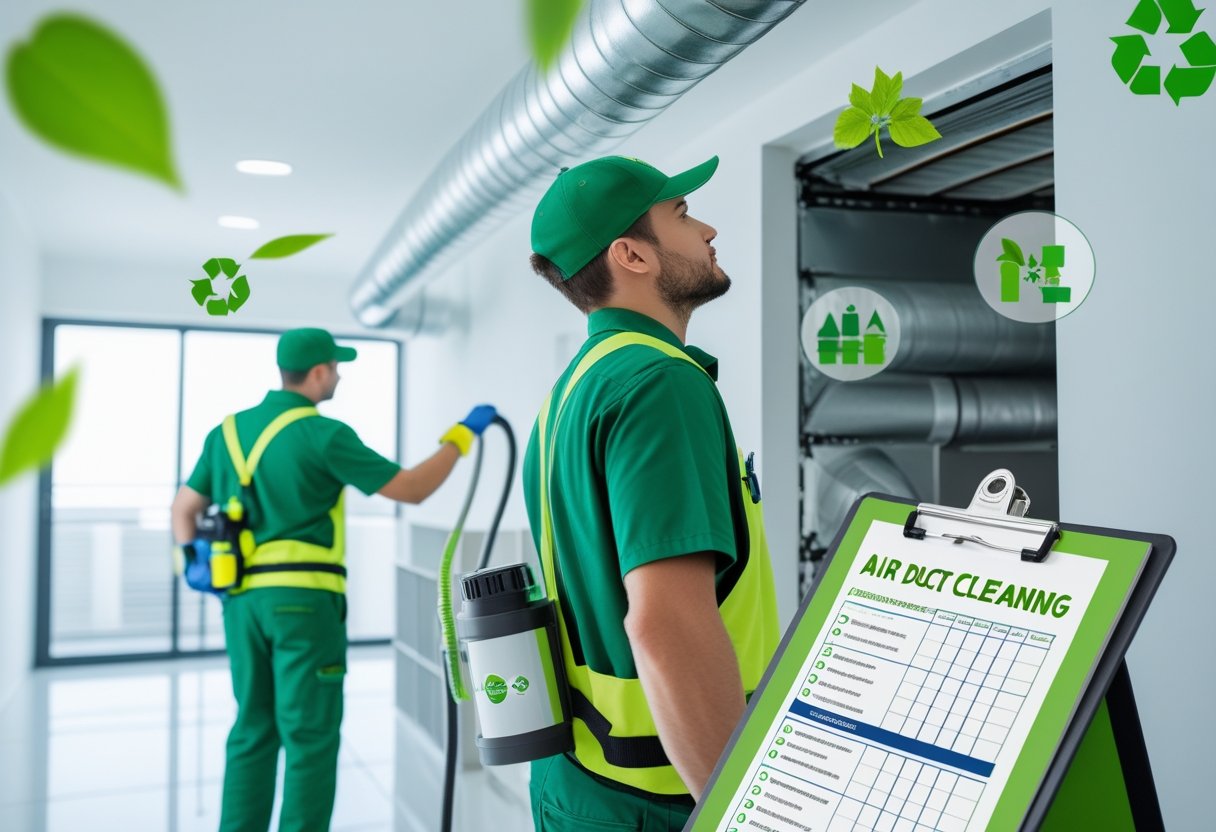 A technician in a green uniform inspects air ducts with eco-friendly equipment in a bright, clean indoor space.