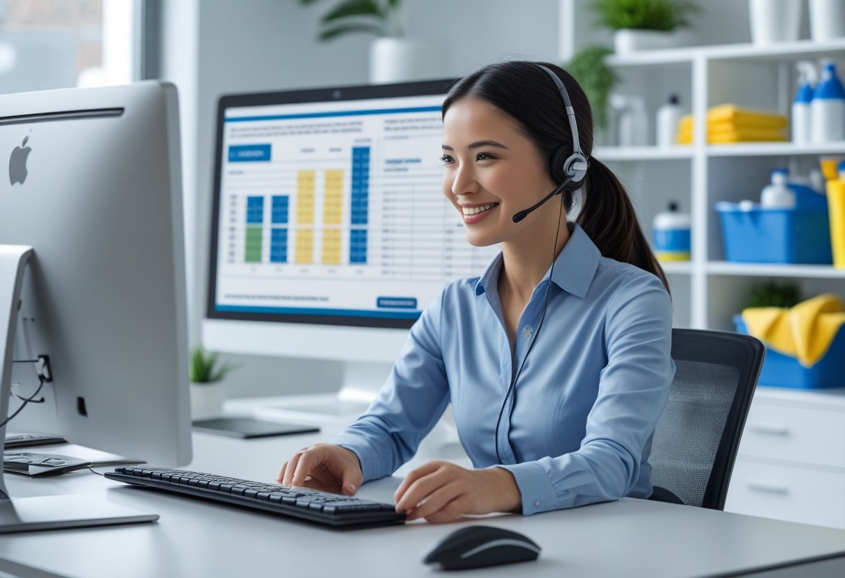 A customer service representative wearing a headset talks to a client in a modern office with cleaning supplies in the background.