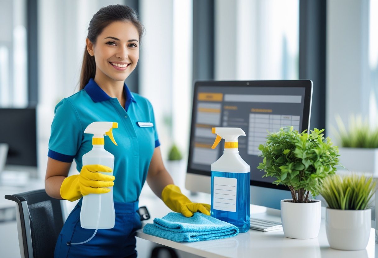 A cleaning professional standing next to a spotless office desk with cleaning tools, a computer, and a potted plant, with a maintenance checklist visible on a desk in the background.