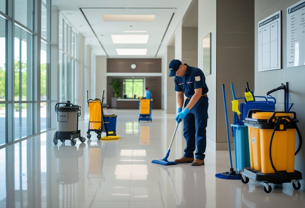 A maintenance technician inspects building systems in a clean, modern commercial interior after post-construction cleaning, with cleaning equipment nearby.