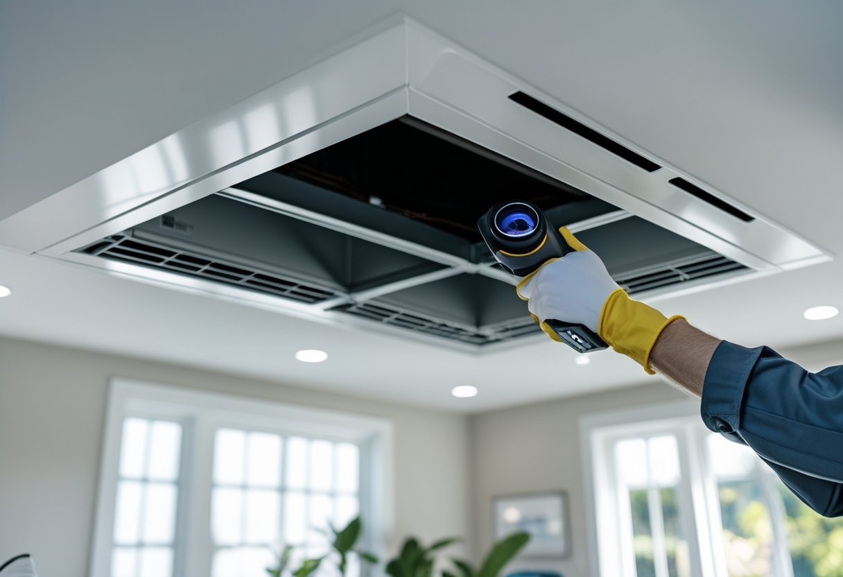A technician inspecting an air duct vent inside a clean home living room.