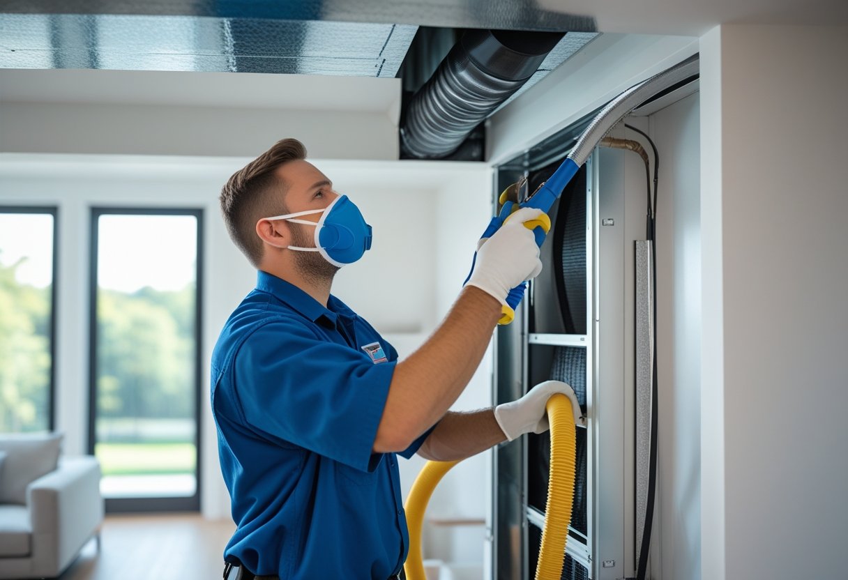 A technician cleaning air ducts inside a modern home using specialized equipment.