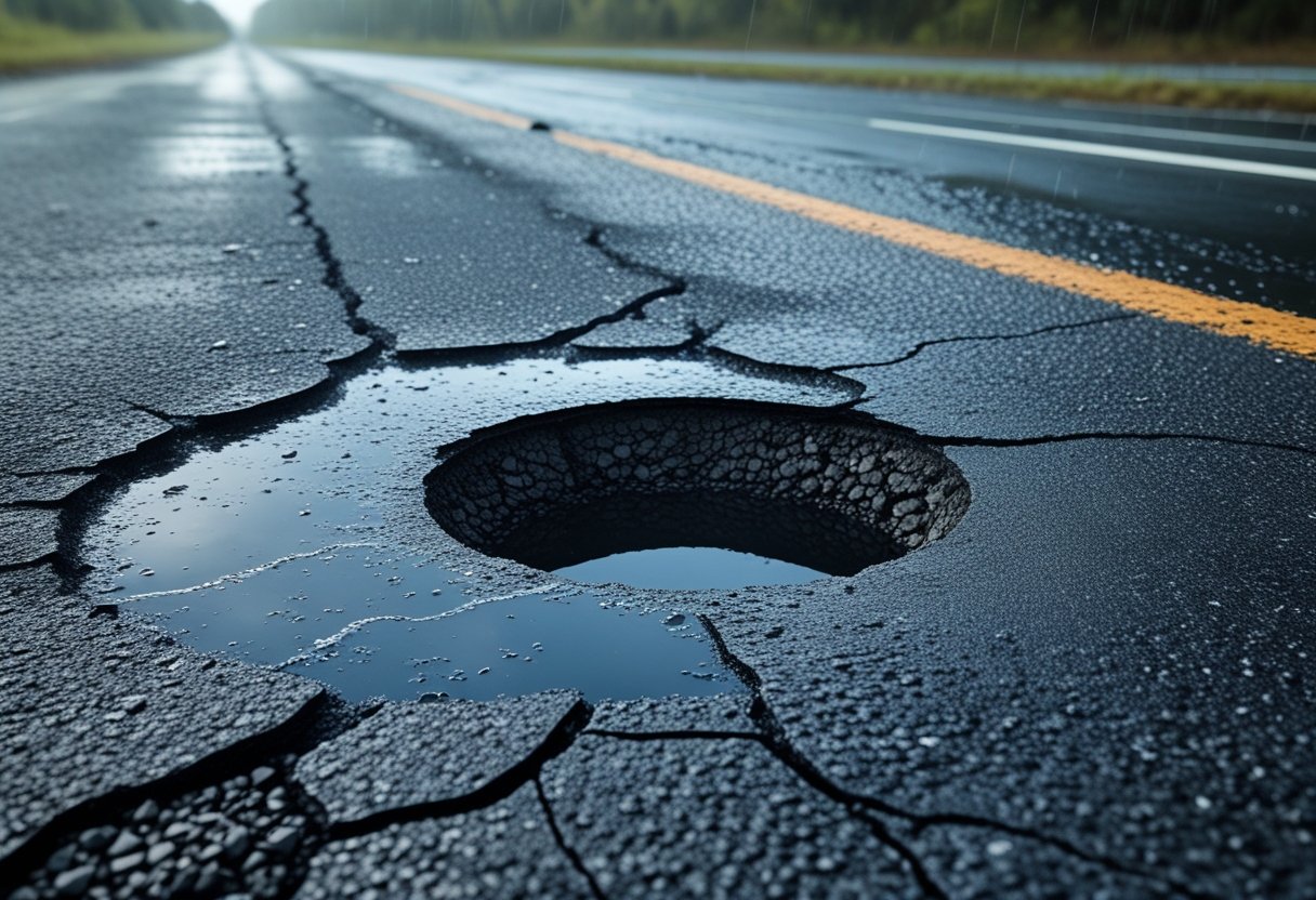 Close-up of a damaged asphalt road with a water-filled pothole and visible cracks, showing layers beneath the road surface.