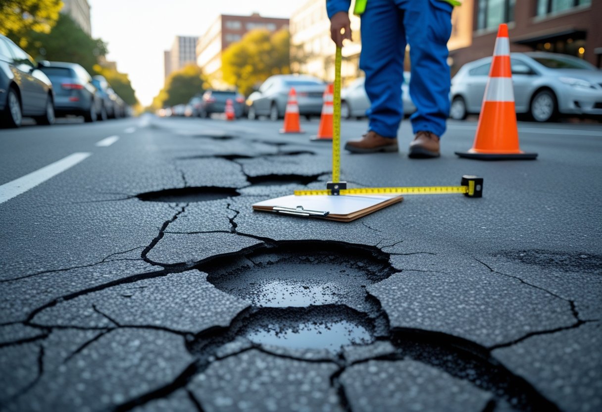 A city street with visible potholes being inspected by a road worker wearing safety gear, with traffic cones and parked cars nearby.