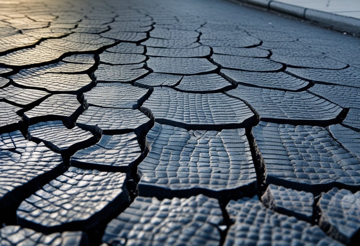 Close-up view of asphalt pavement showing interconnected alligator cracking patterns.