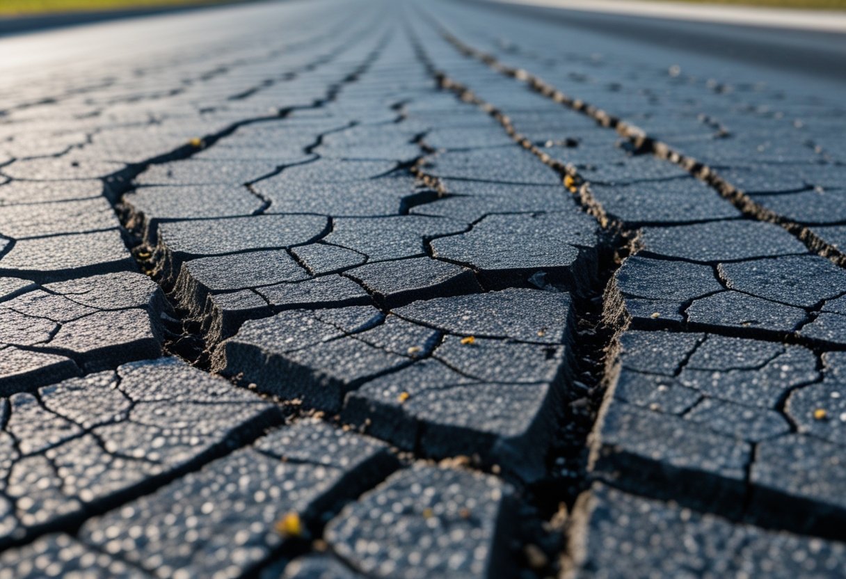 Close-up view of cracked asphalt pavement showing interconnected cracks forming an alligator skin pattern.