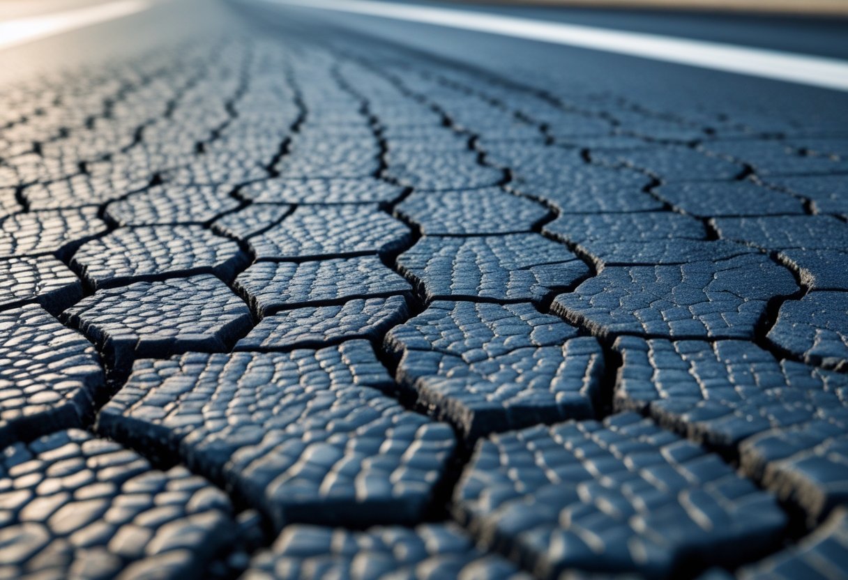 Close-up of asphalt pavement showing a network of interconnected alligator cracks with surrounding intact road surface.