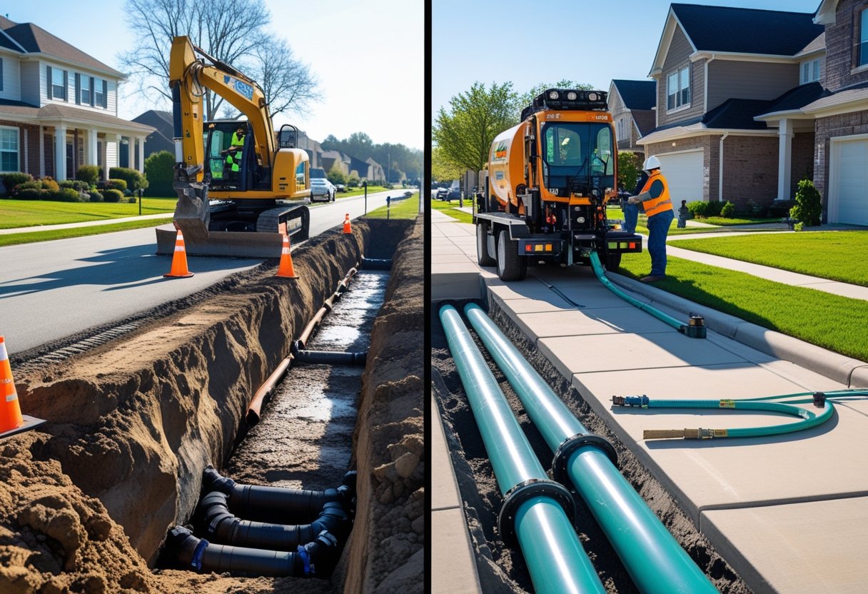 Analyzing The Cost Of Non-Trenchless Vs Trenchless Repairs For Efficient Infrastructure Management 1 A side-by-side scene showing traditional trench excavation with heavy machinery and workers on one side, and trenchless pipe repair with minimal surface disruption and workers using advanced equipment on the other side, set in a suburban neighborhood.