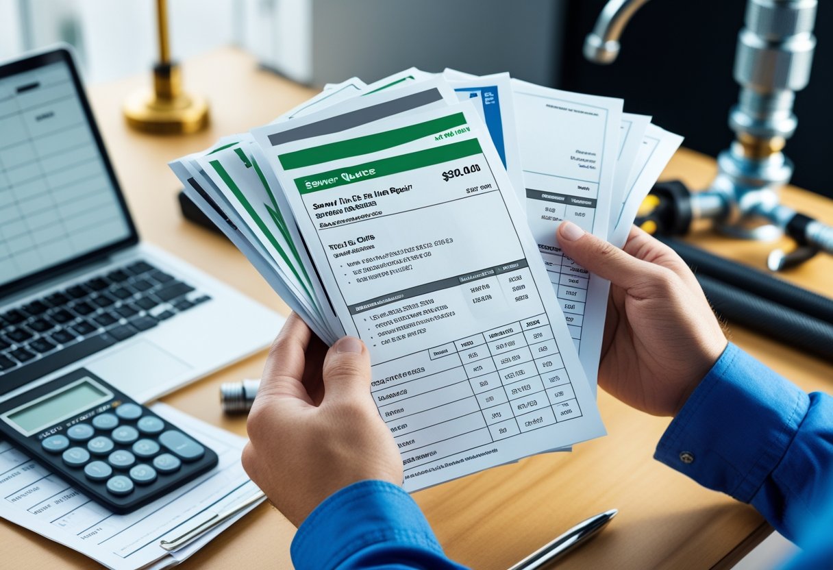 Importance Of Getting Multiple Quotes For Sewer Line Repairs To Ensure Fair Pricing And Quality Work 1 Person comparing multiple printed sewer line repair quotes at a desk with a laptop, calculator, and plumbing tools.