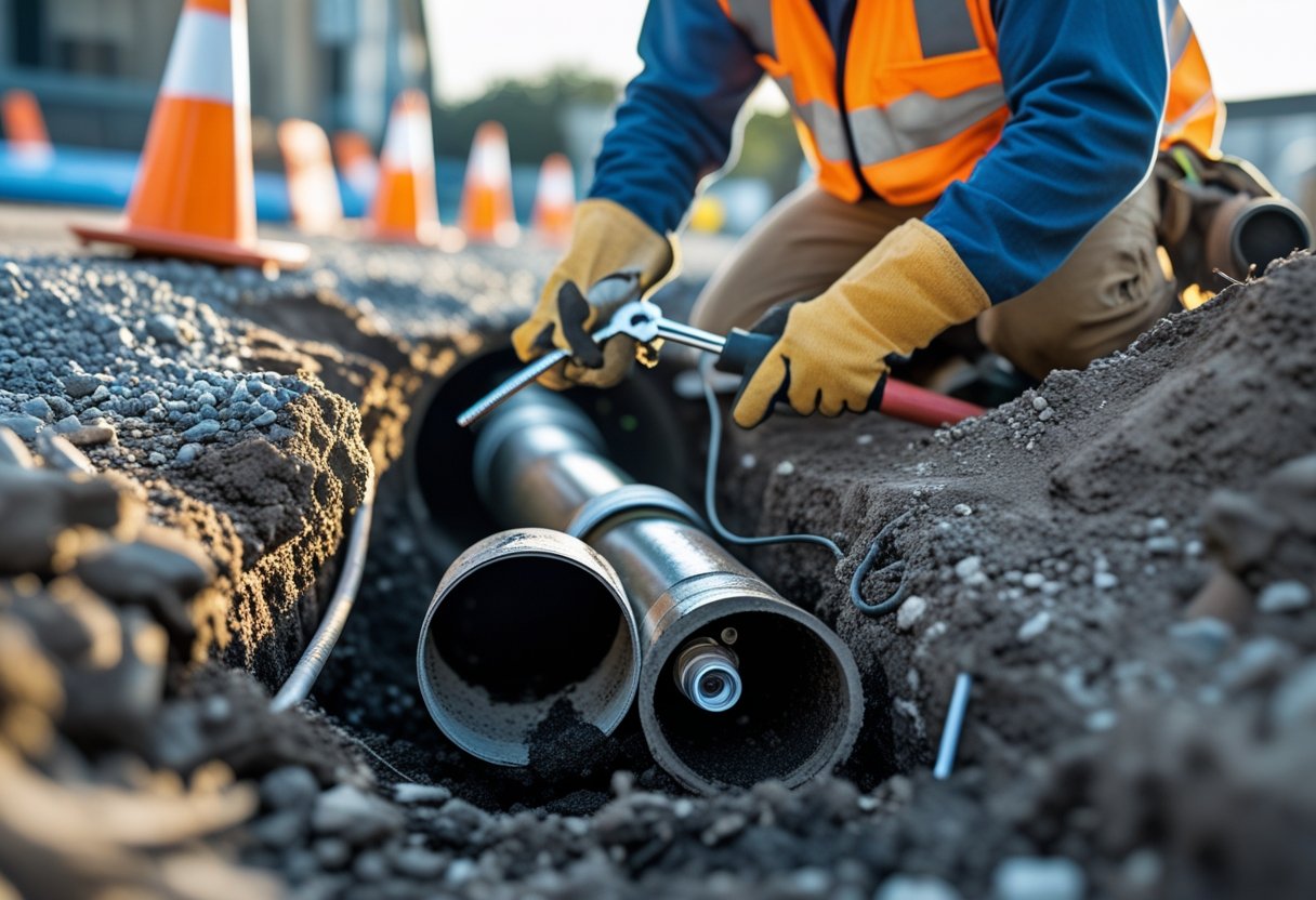 Hidden Costs To Consider In Your Sewer Line Repair Budget And How To Plan Ahead 1 A worker in protective gear inspecting underground sewer pipes with tools at a repair site outdoors.