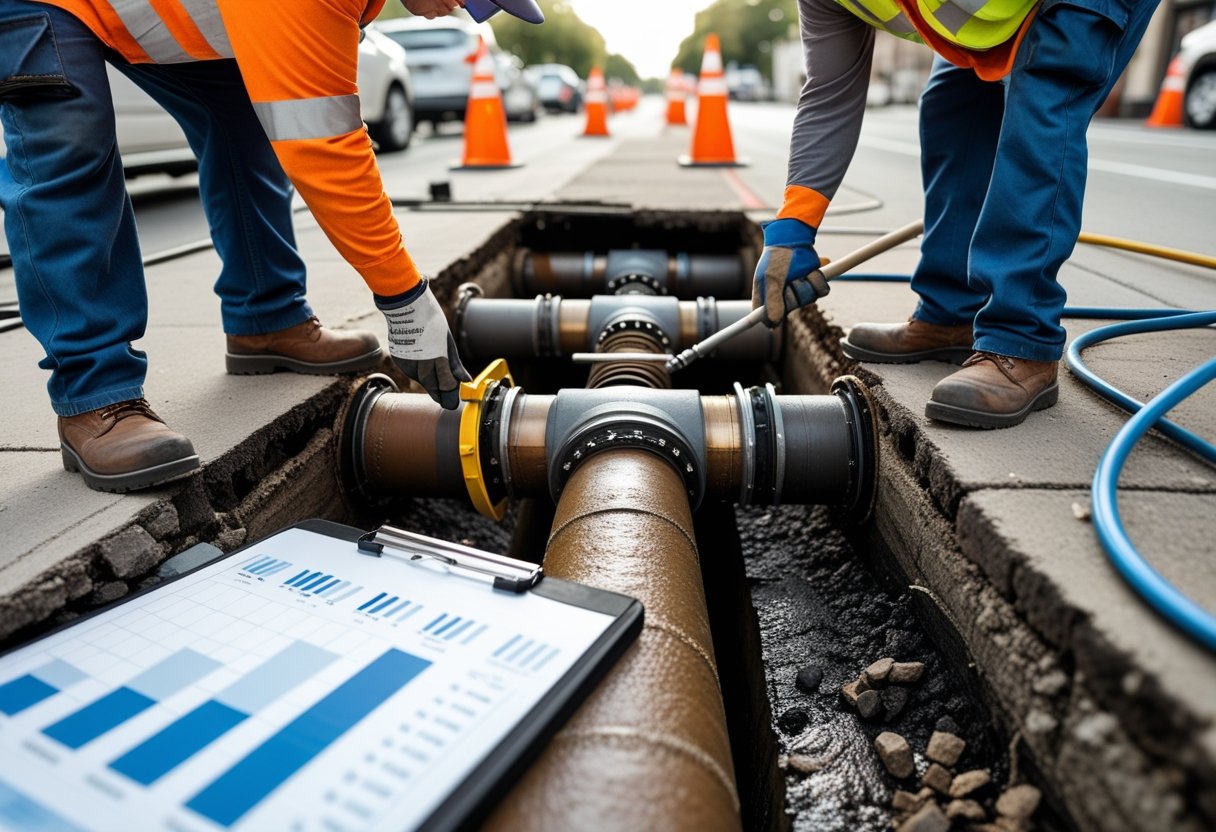 Hidden Costs To Consider In Your Sewer Line Repair Budget And How To Plan Ahead 2 Workers repairing underground sewer pipes on a city street with construction cones and equipment visible.