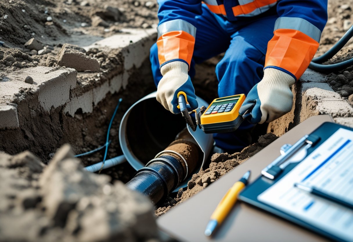 Hidden Costs To Consider In Your Sewer Line Repair Budget And How To Plan Ahead 3 A worker in protective gear repairing an exposed sewer pipe underground with plumbing tools and repair equipment nearby.