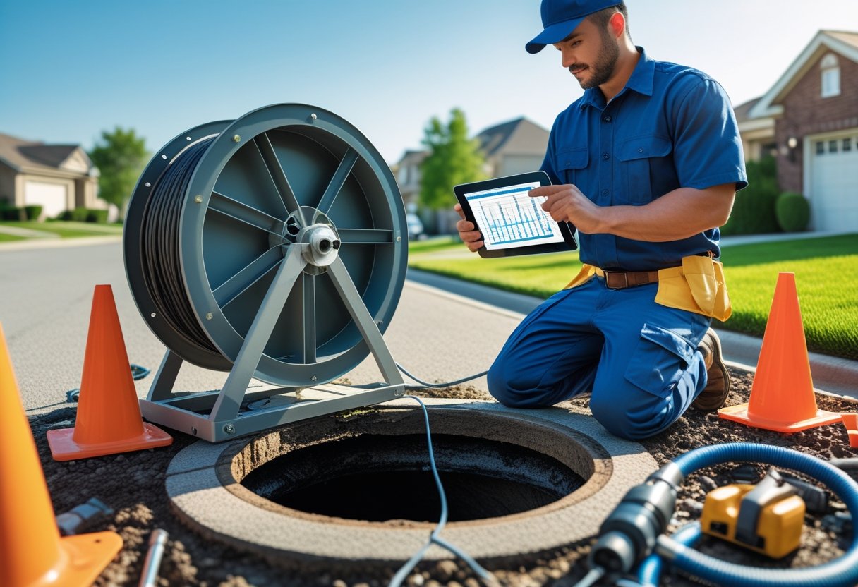 Factors To Consider When Choosing A Sewer Line Repair Service For Reliable Plumbing Solutions 1 A plumber inspecting a sewer line repair site with an inspection camera and tablet near an open manhole in a residential neighborhood.