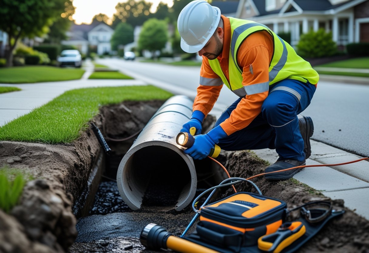 Factors To Consider When Choosing A Sewer Line Repair Service For Reliable Plumbing Solutions 2 A technician in safety gear inspecting an open underground sewer pipe on a residential street during daytime.