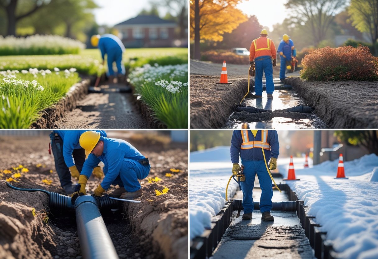 Seasonal Variations In Sewer Line Repair Costs And Their Impact On Homeowners 1 Four outdoor scenes showing workers repairing sewer lines in spring, summer, autumn, and winter with seasonal surroundings.