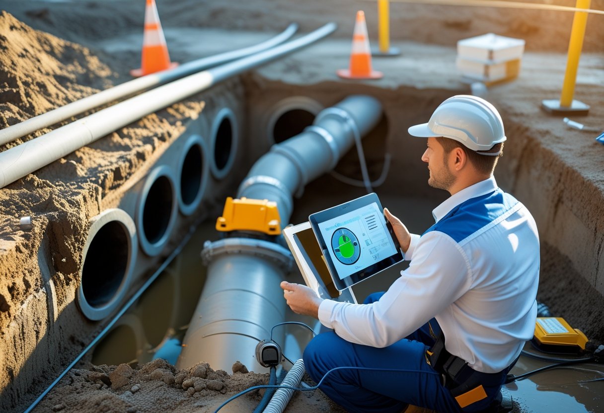 Factors To Consider When Choosing A Sewer Line Repair Service For Reliable Plumbing Solutions 3 A plumber inspecting underground sewer pipes at a repair site with tools and safety equipment.