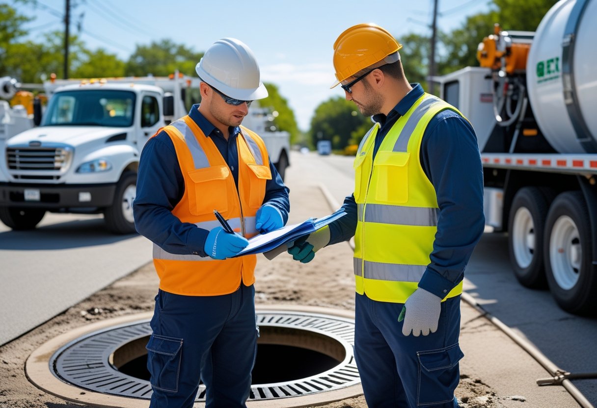 Evaluating Qualifications Of Sewer Line Repair Technicians For Reliable Service Selection 1 Two sewer line repair technicians wearing safety gear reviewing documents near an open manhole on a city street.