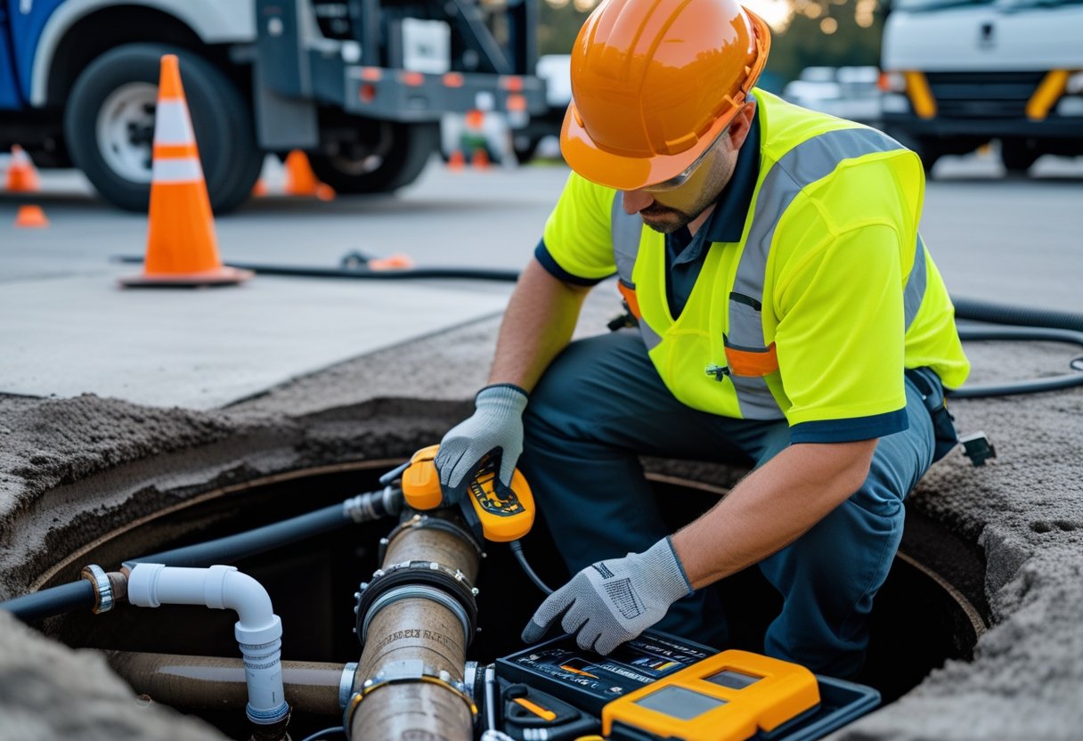 Evaluating Qualifications Of Sewer Line Repair Technicians For Reliable Service Selection 2 A sewer line repair technician wearing safety gear inspects underground pipes at an open manhole on a worksite.