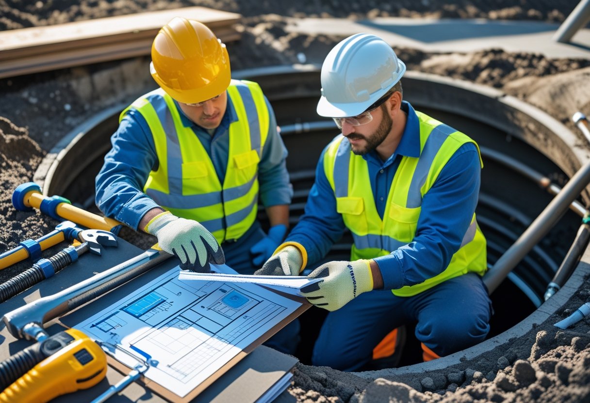 Evaluating Qualifications Of Sewer Line Repair Technicians For Reliable Service Selection 3 Two sewer line repair technicians in safety gear reviewing blueprints next to an open manhole with repair tools nearby.